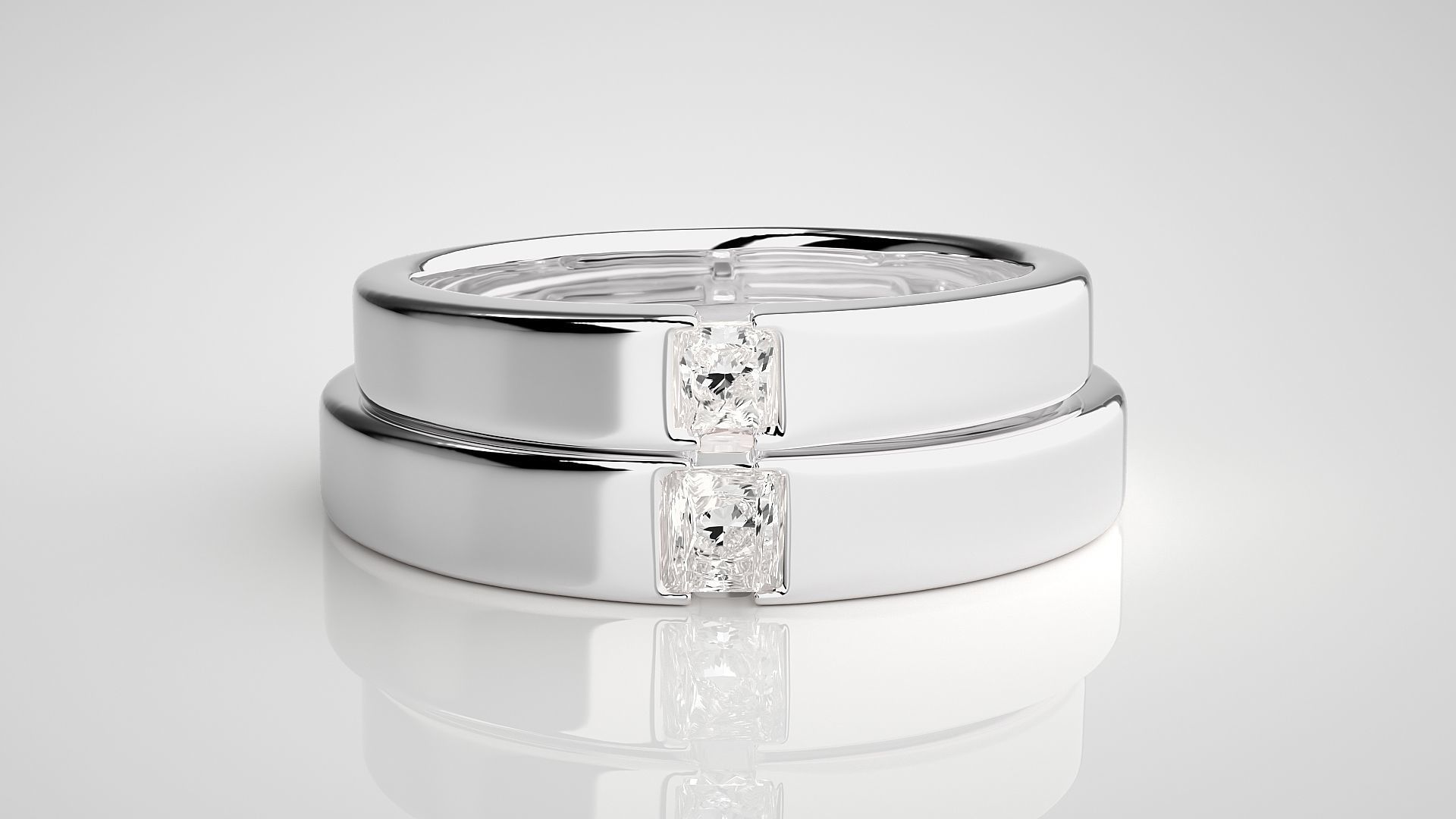 Princess Solitaire Couple Band Ring 3dm stl render detail 3D print model_7