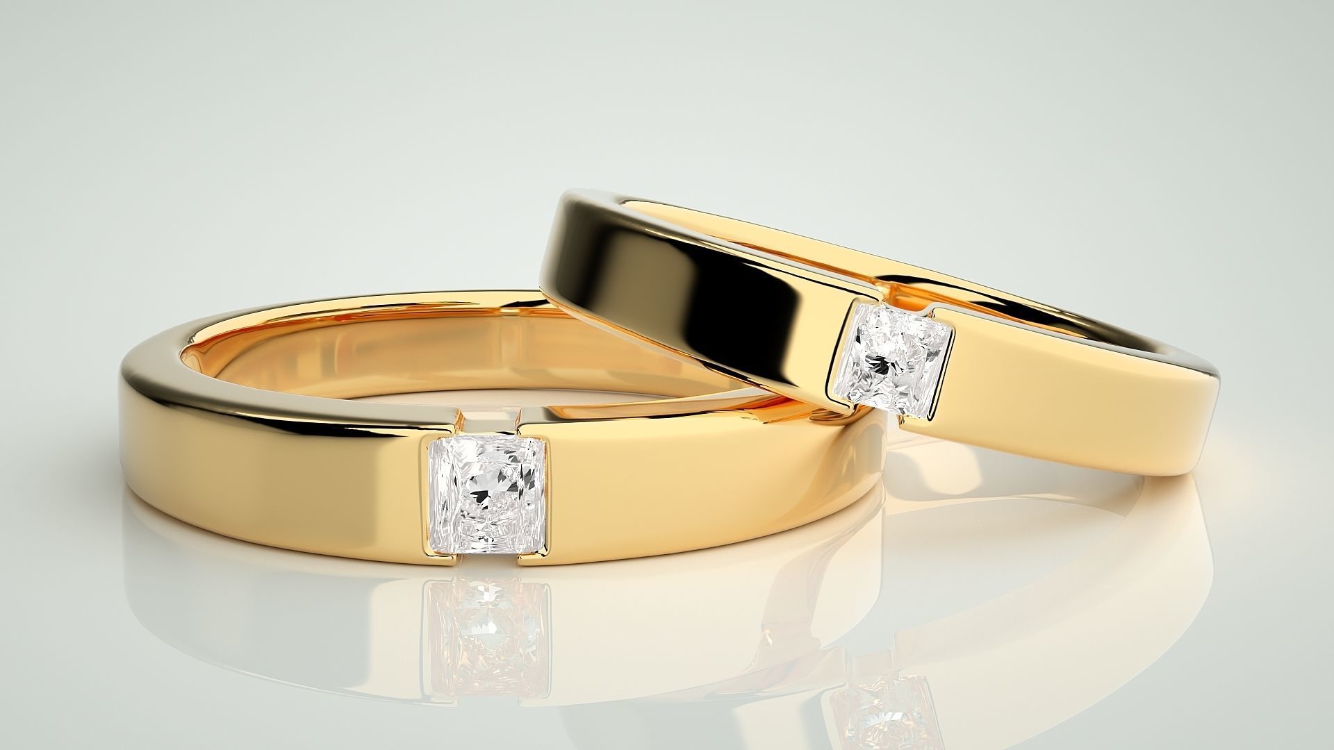 Princess Solitaire Couple Band Ring 3dm stl render detail 3D print model_9