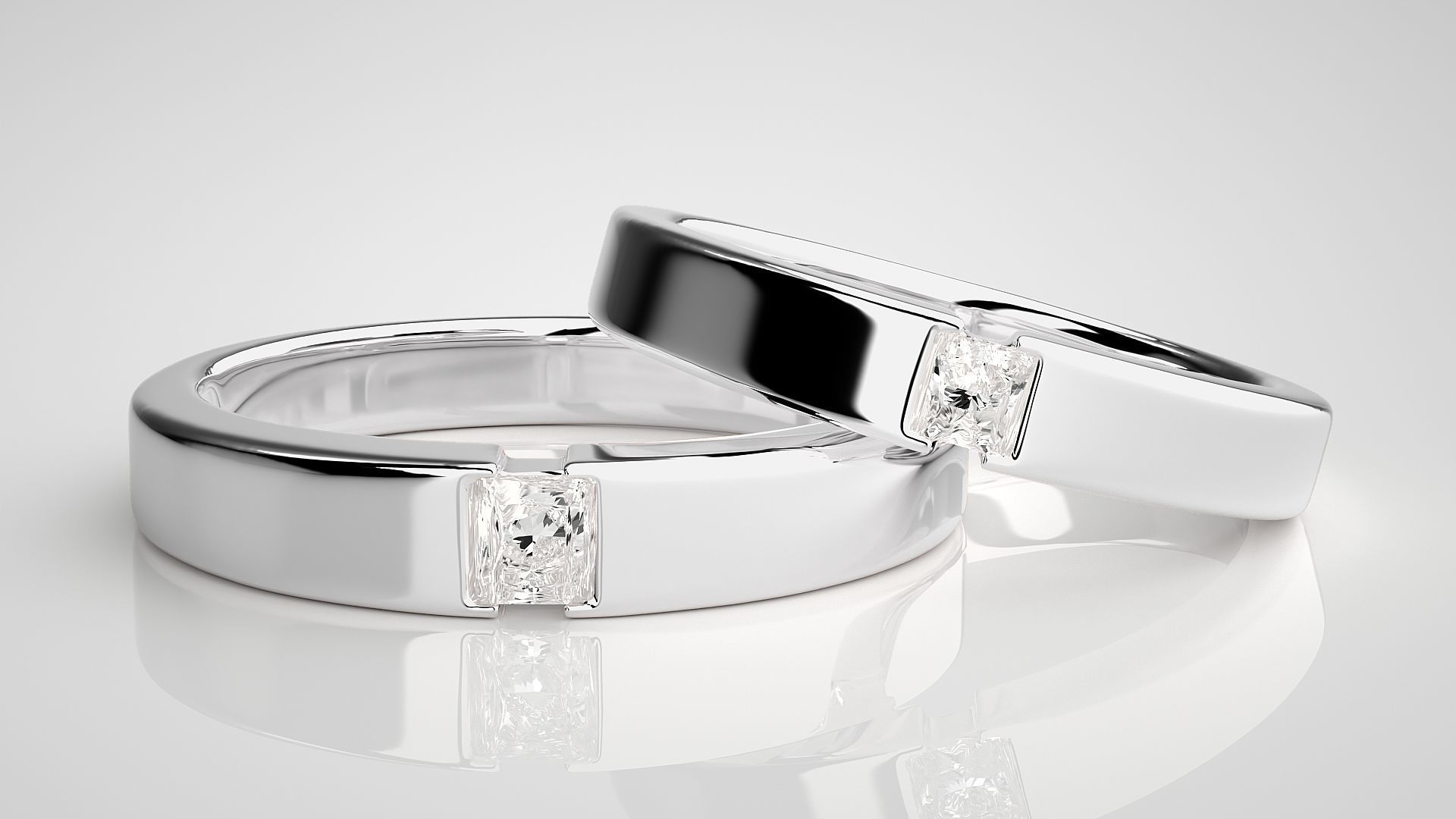 Princess Solitaire Couple Band Ring 3dm stl render detail 3D print model_5