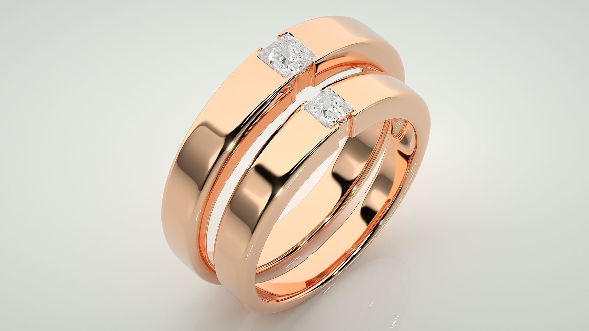 Princess Solitaire Couple Band Ring 3dm stl render detail 3D print model_3