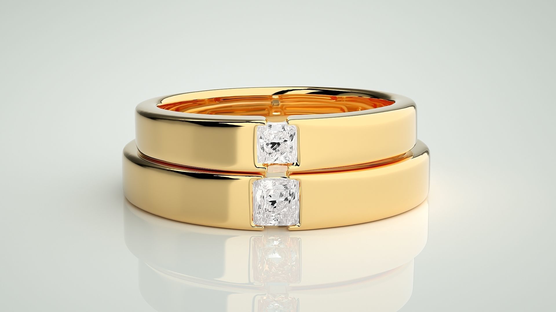 Princess Solitaire Couple Band Ring 3dm stl render detail 3D print model_11