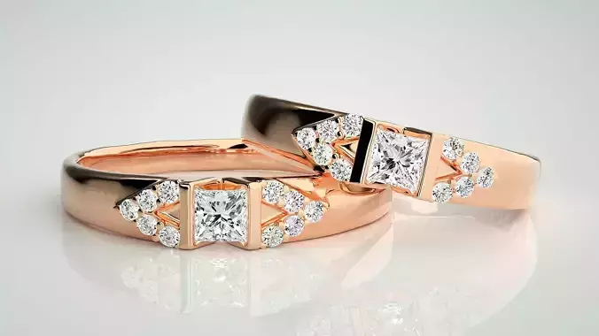 Solitaire Couple Band Ring 3dm stl render detail