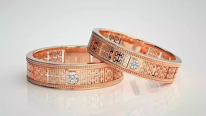 Solitaire Mesh Couple Band Ring 3dm stl render detail