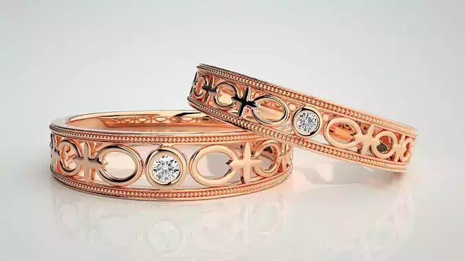 Solitaire Couple Band Ring 3dm stl render detail