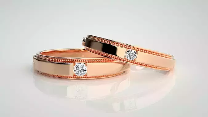 Solitaire Couple Band Ring 3dm stl render detail