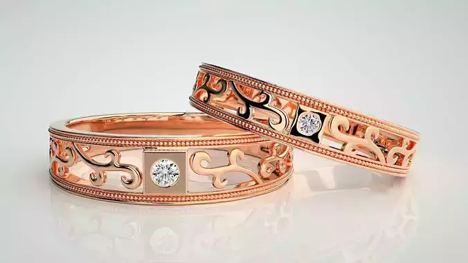 Solitaire Couple Band Ring 3dm stl render detail