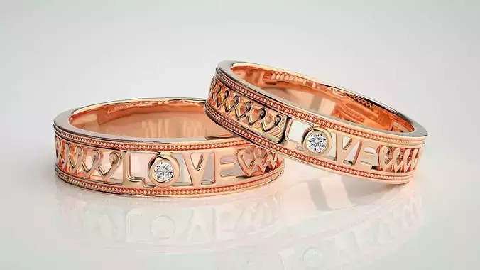 Love Valentine Solitaire Couple Band Ring 3dm stl render detail