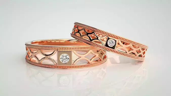 Solitaire Mesh Couple Band Ring 3dm stl render detail