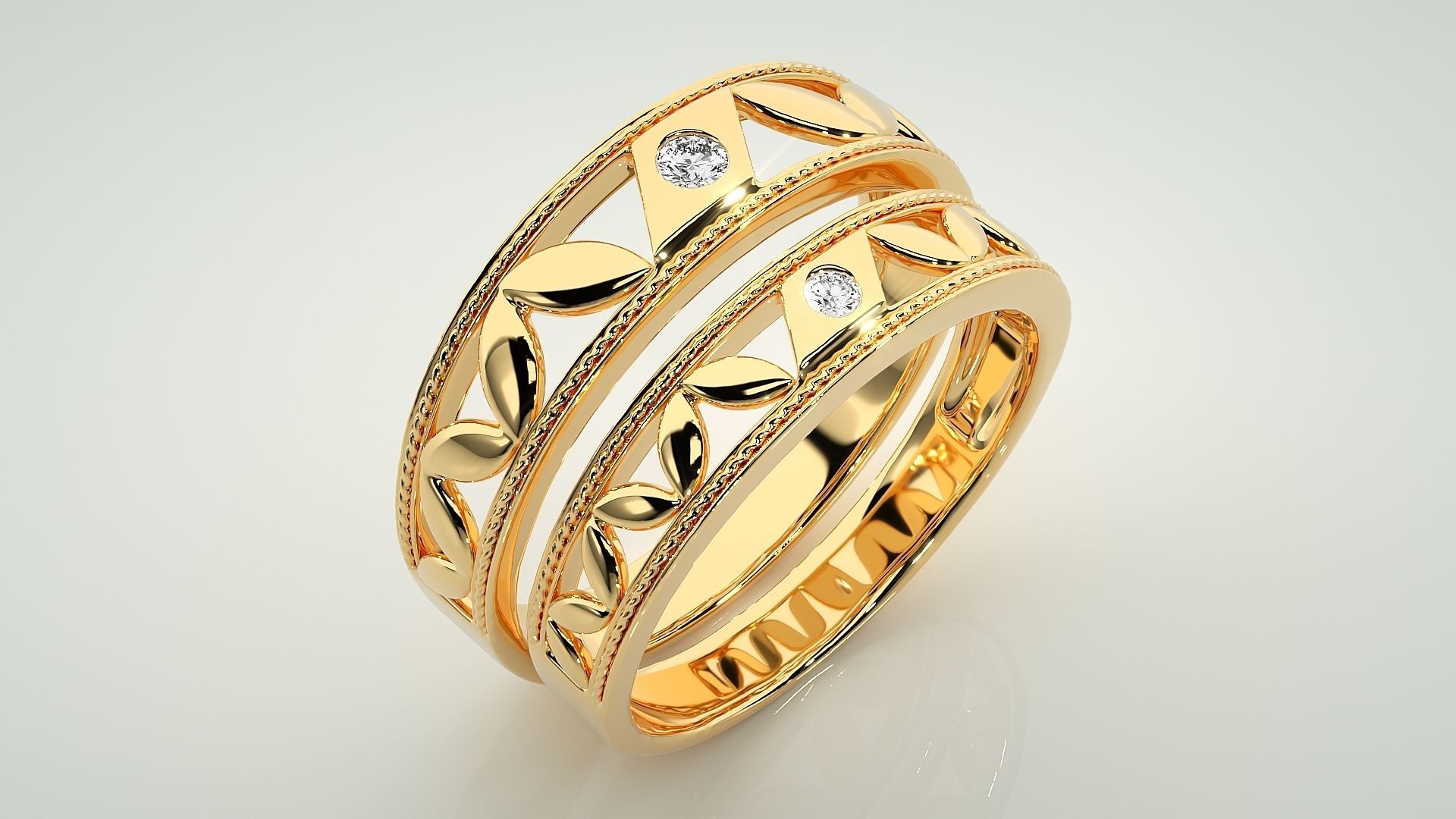 Solitaire Leaf Couple Band Ring 3dm stl render detail 3D print model_12