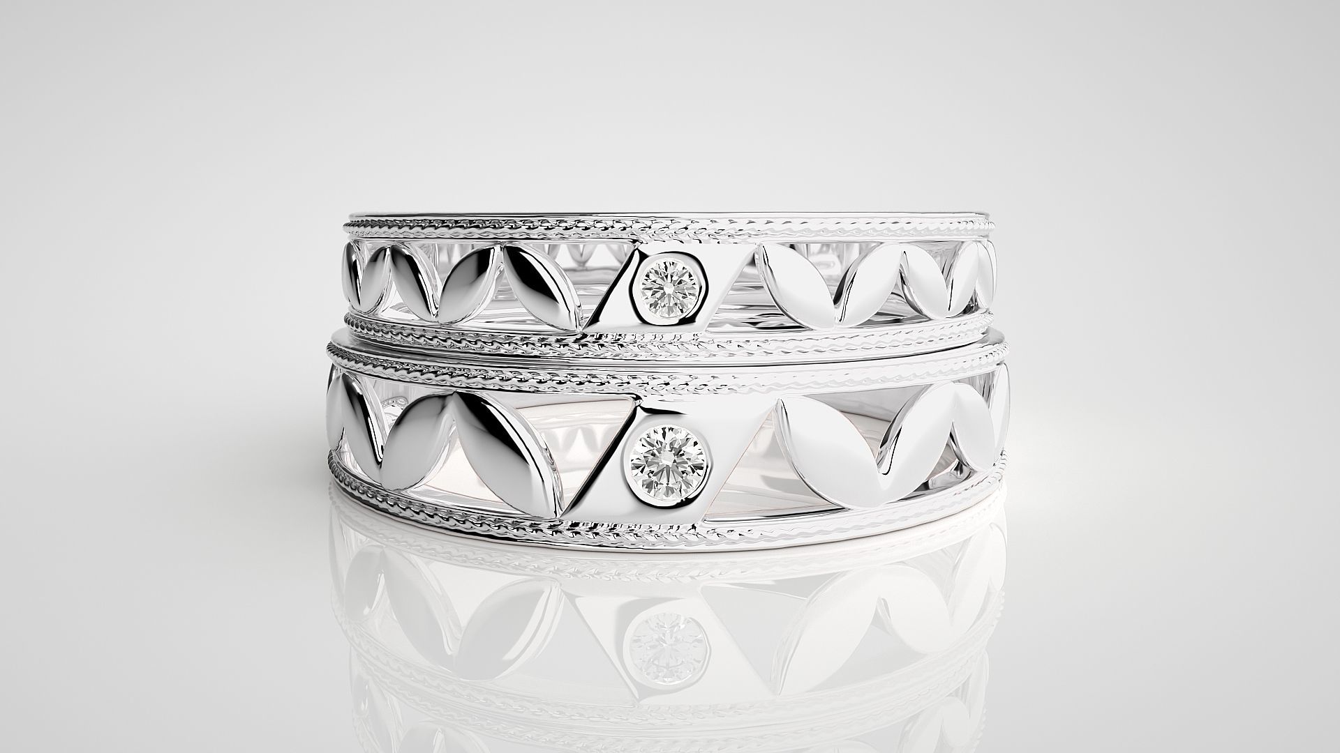 Solitaire Leaf Couple Band Ring 3dm stl render detail 3D print model_7