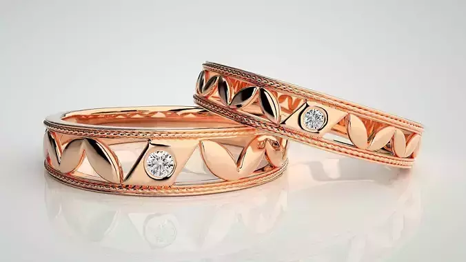 Solitaire Leaf Couple Band Ring 3dm stl render detail