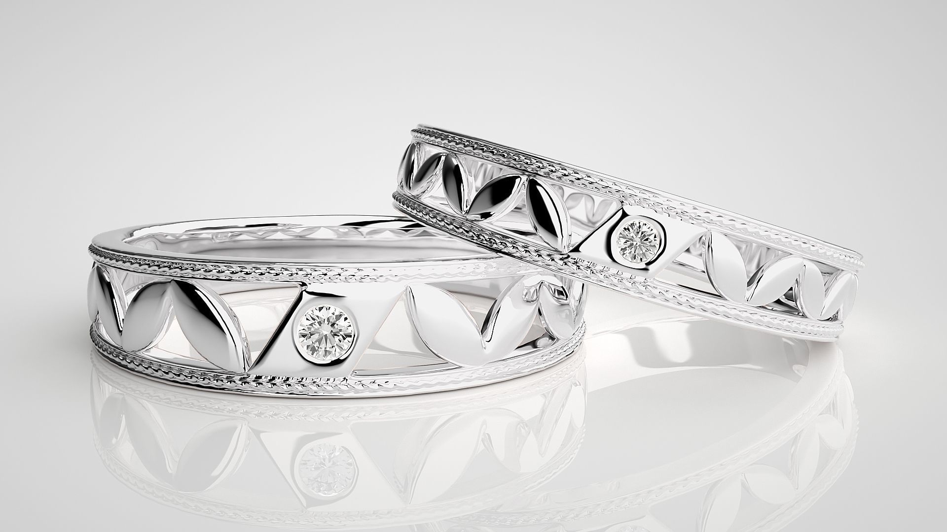 Solitaire Leaf Couple Band Ring 3dm stl render detail 3D print model_5