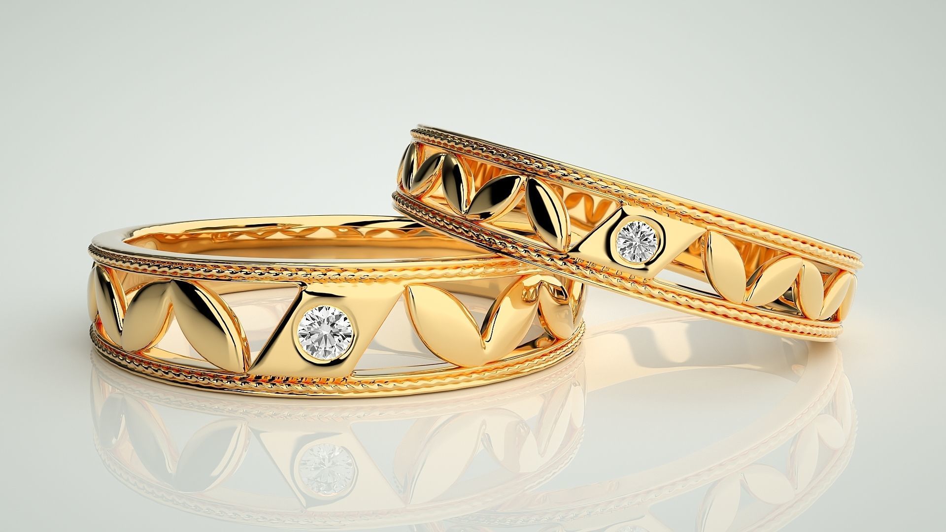 Solitaire Leaf Couple Band Ring 3dm stl render detail 3D print model_9