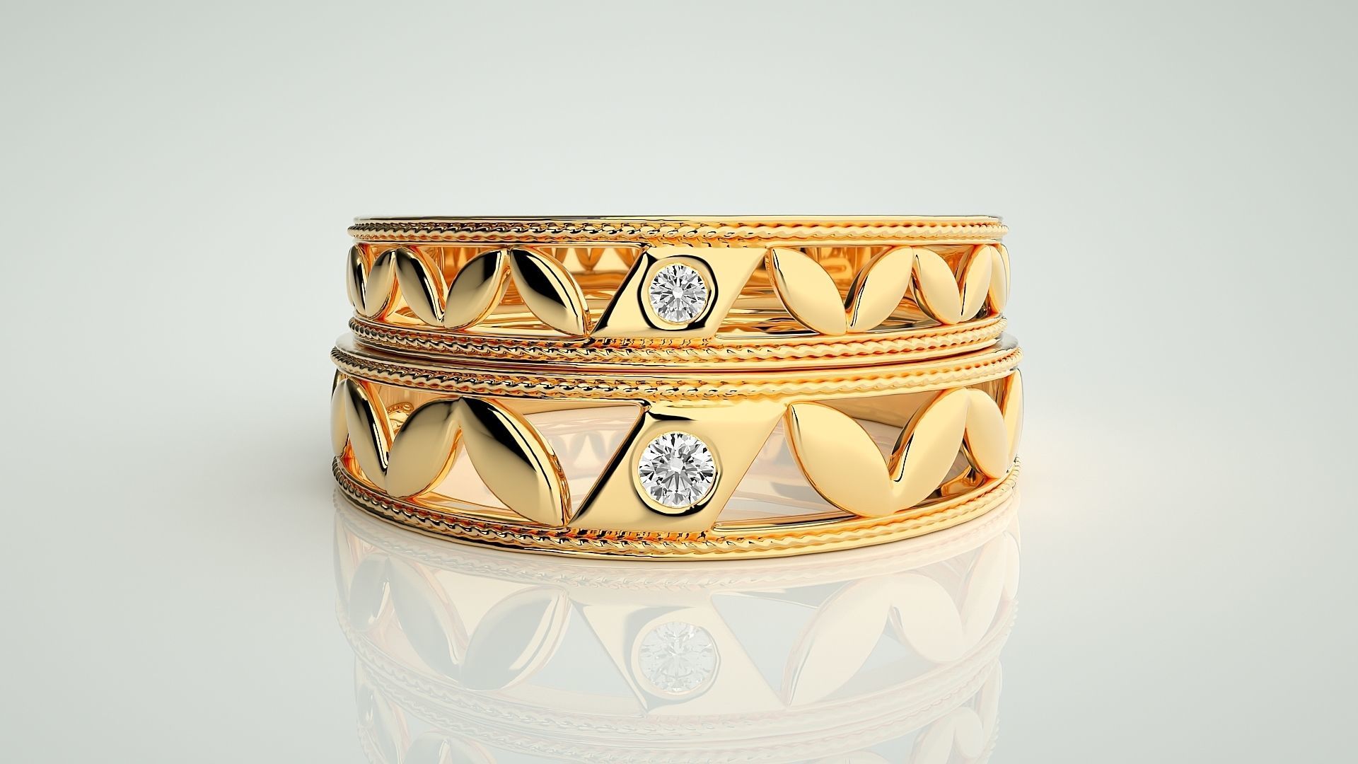 Solitaire Leaf Couple Band Ring 3dm stl render detail 3D print model_11