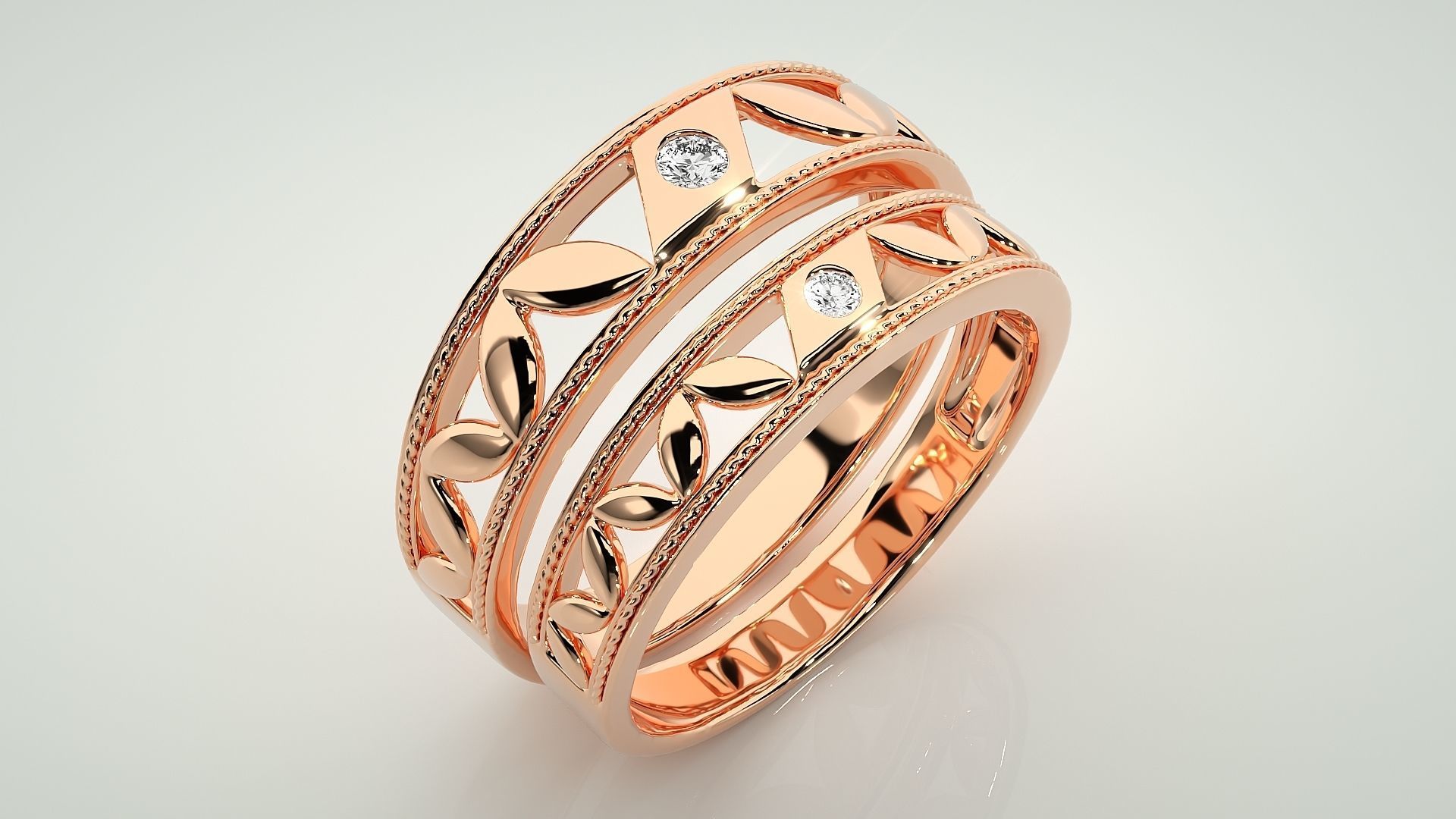 Solitaire Leaf Couple Band Ring 3dm stl render detail 3D print model_3
