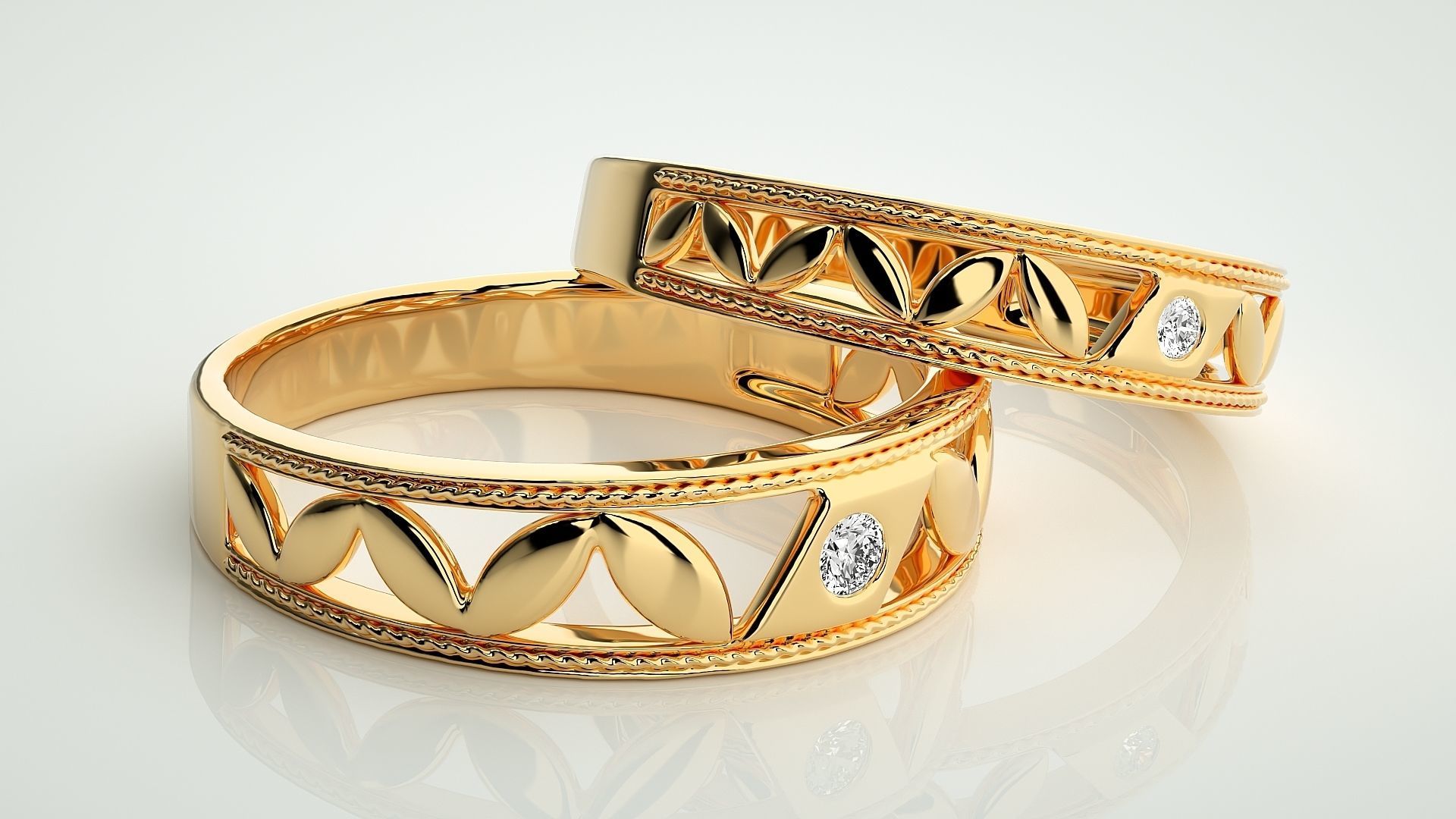 Solitaire Leaf Couple Band Ring 3dm stl render detail 3D print model_10