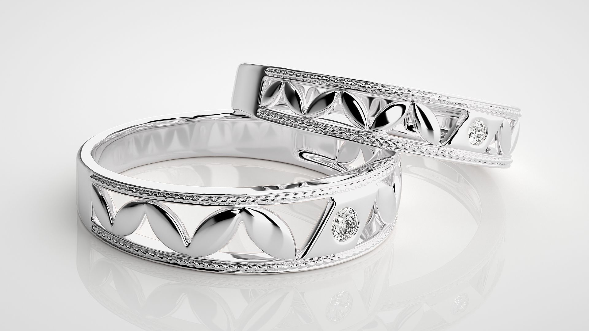 Solitaire Leaf Couple Band Ring 3dm stl render detail 3D print model_6