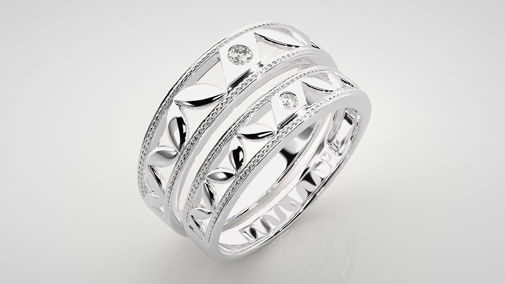 Solitaire Leaf Couple Band Ring 3dm stl render detail 3D print model_8