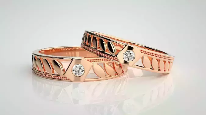 Leaf Solitaire Couple Band Ring 3dm stl render detail