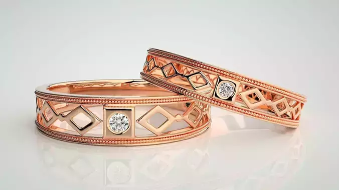 Solitaire Couple Band Ring 3dm stl render detail