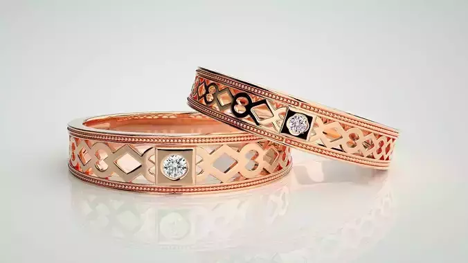 Solitaire Mesh Couple Band Ring 3dm stl render detail