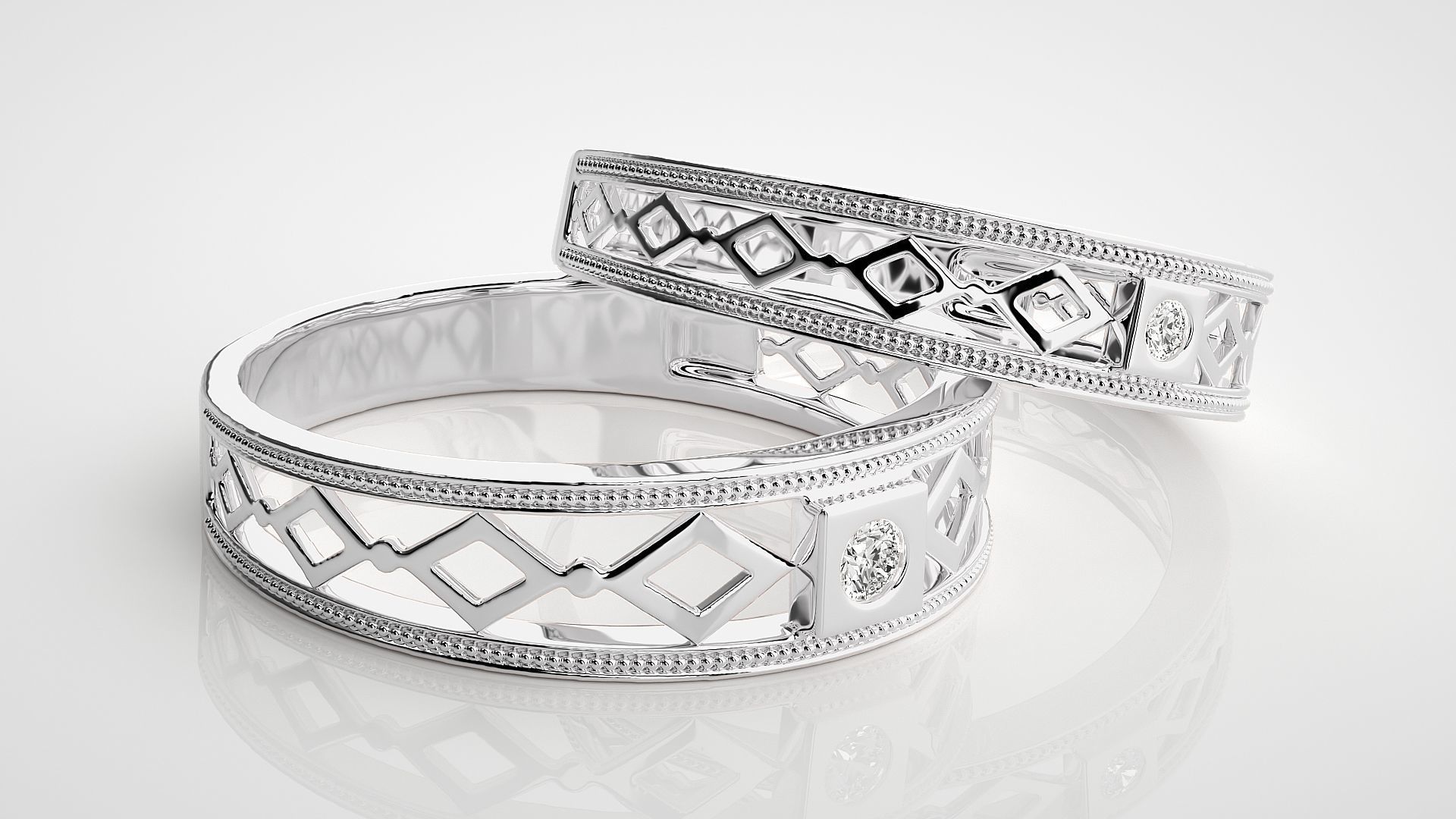 Solitaire Mesh Couple Band Ring 3dm stl render detail 3D print model_5