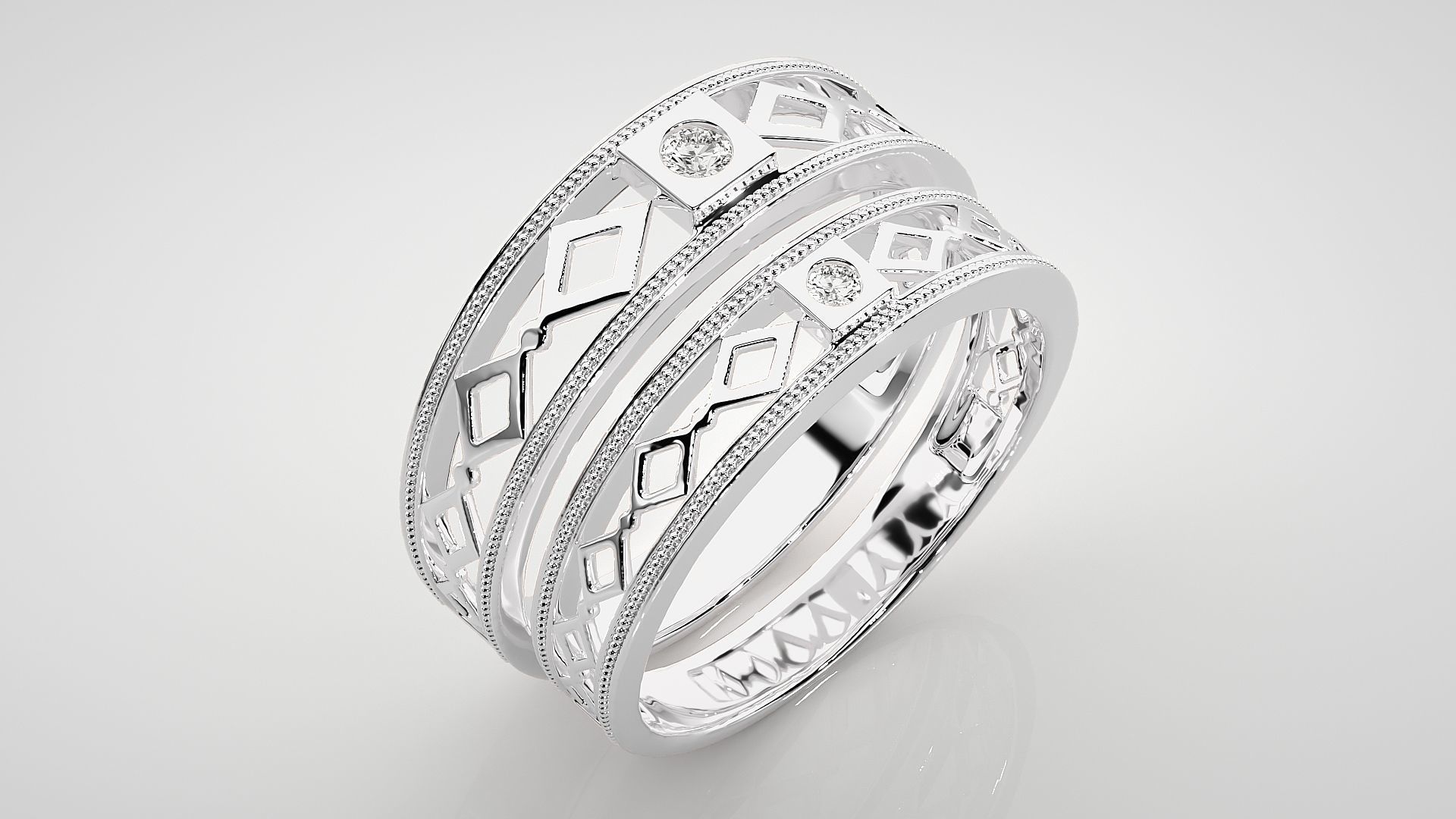 Solitaire Mesh Couple Band Ring 3dm stl render detail 3D print model_7