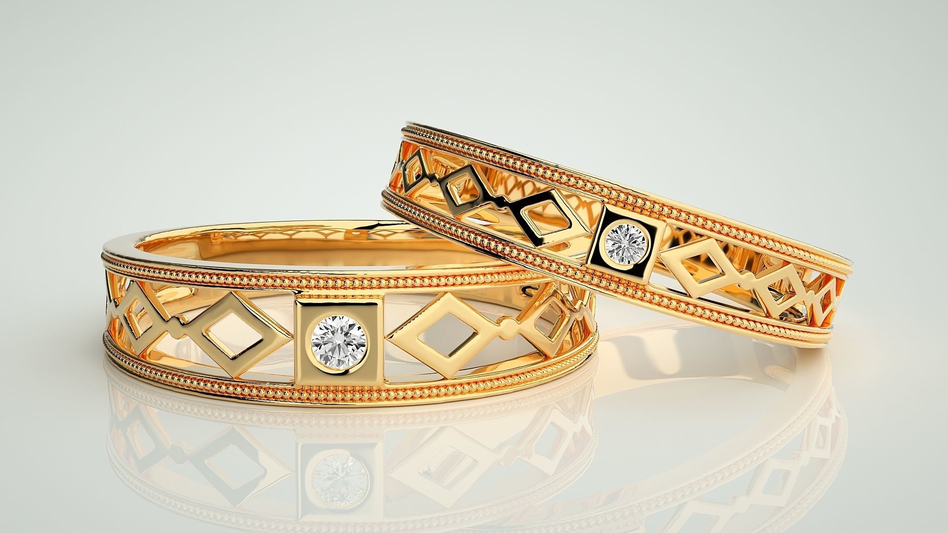 Solitaire Mesh Couple Band Ring 3dm stl render detail 3D print model_8