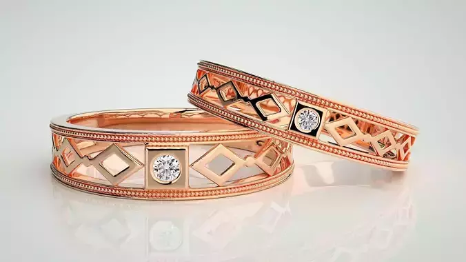 Solitaire Mesh Couple Band Ring 3dm stl render detail