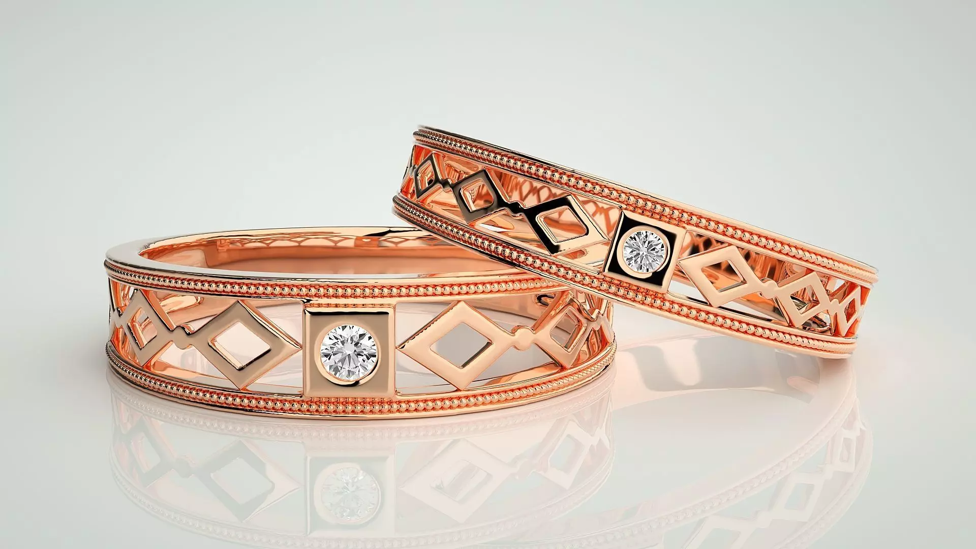 Solitaire Mesh Couple Band Ring 3dm stl render detail 3D print model_0