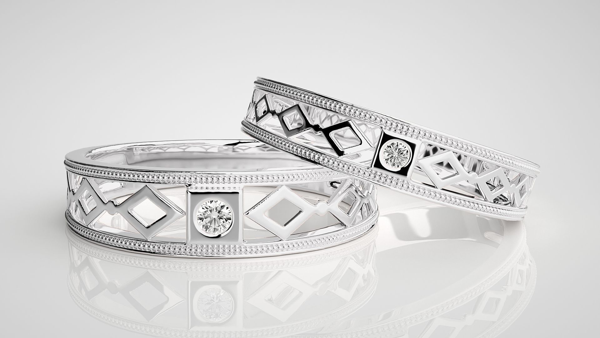 Solitaire Mesh Couple Band Ring 3dm stl render detail 3D print model_4