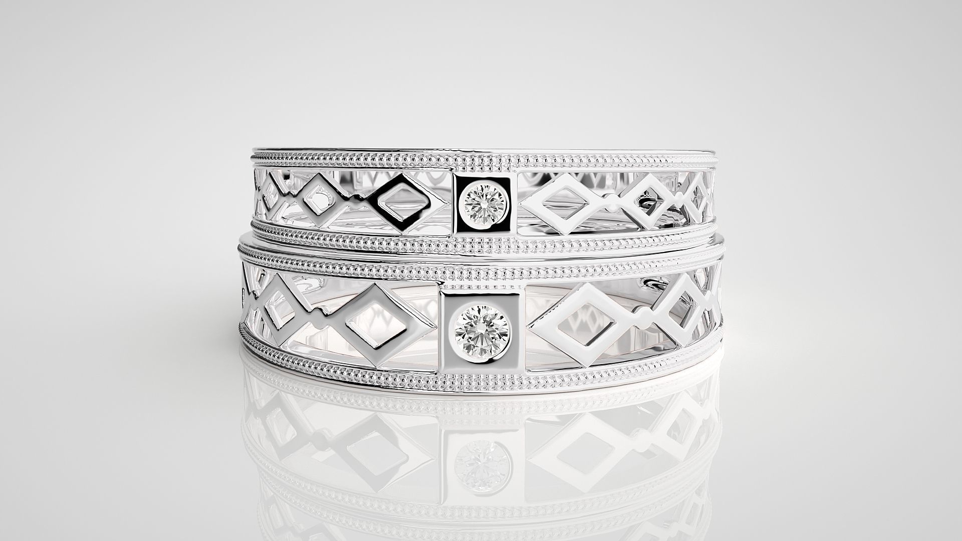 Solitaire Mesh Couple Band Ring 3dm stl render detail 3D print model_6