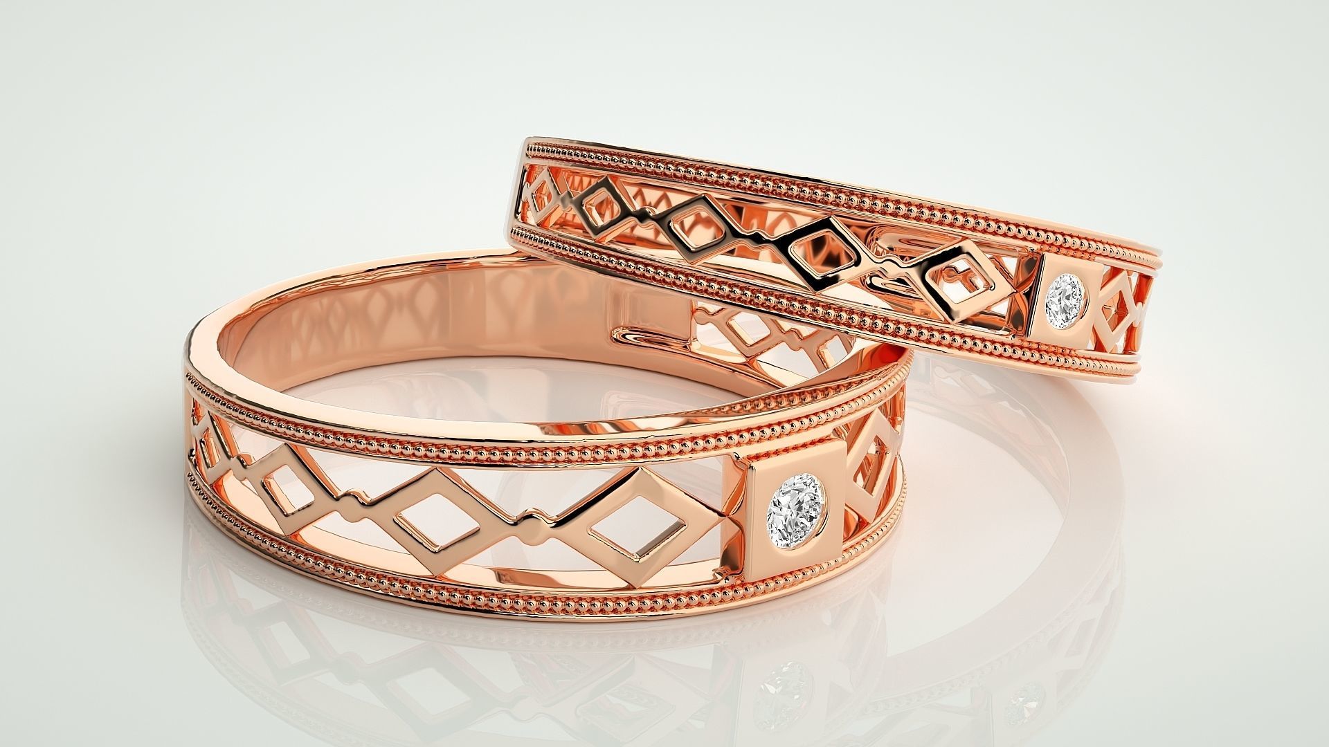 Solitaire Mesh Couple Band Ring 3dm stl render detail 3D print model_1