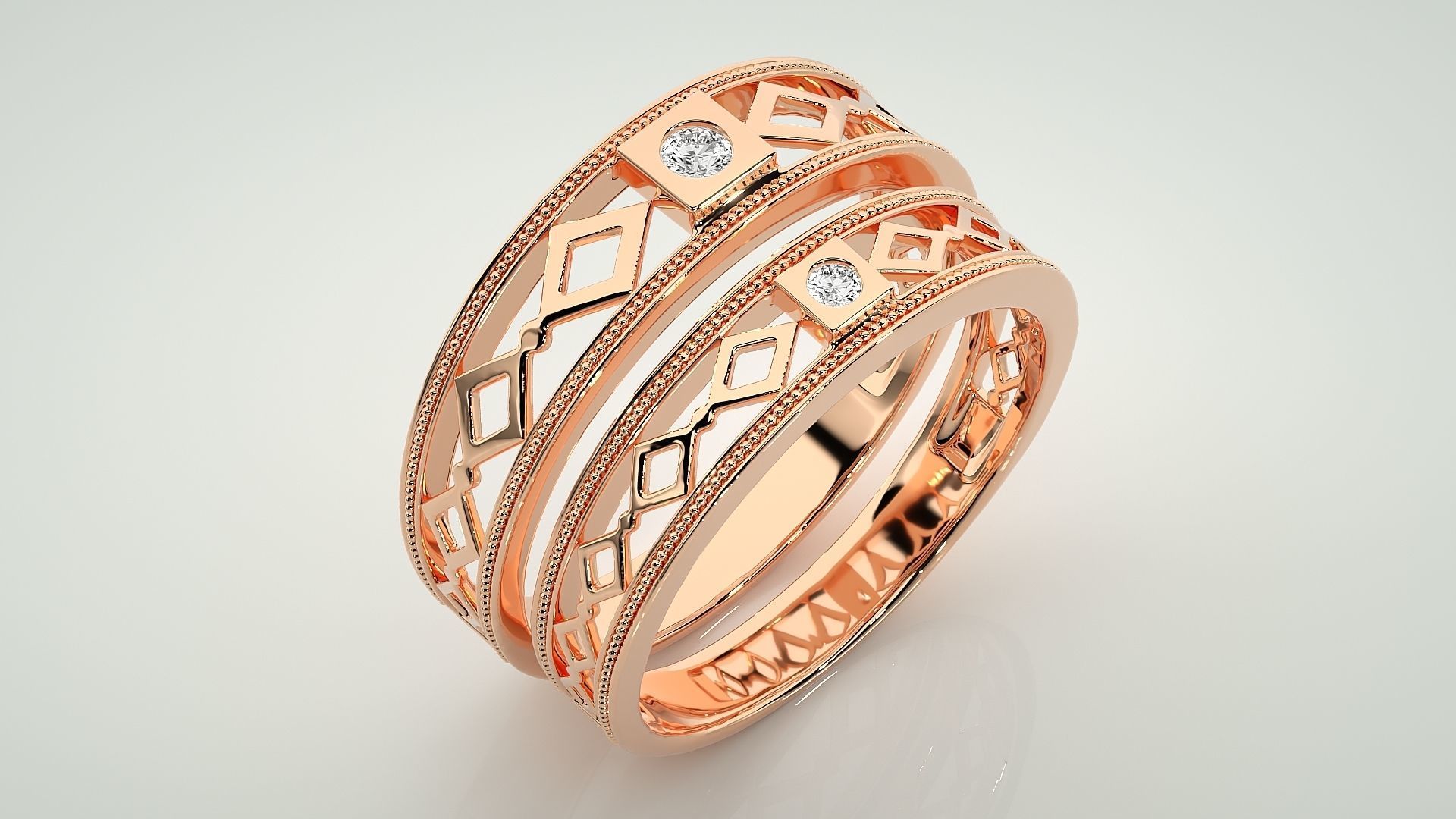 Solitaire Mesh Couple Band Ring 3dm stl render detail 3D print model_3
