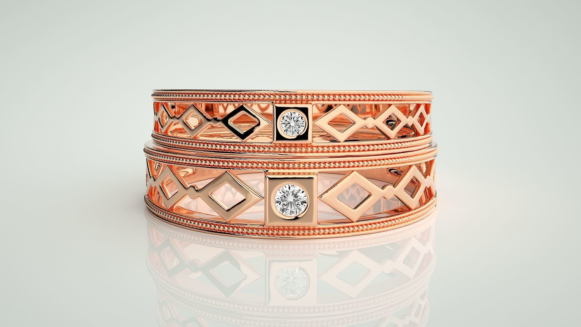 Solitaire Mesh Couple Band Ring 3dm stl render detail 3D print model_2