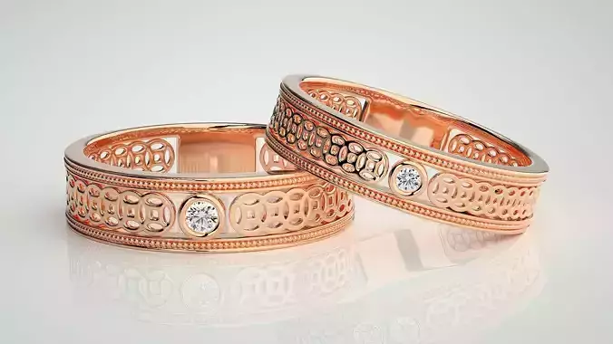 Solitaire Mesh Couple Band Ring 3dm stl render detail