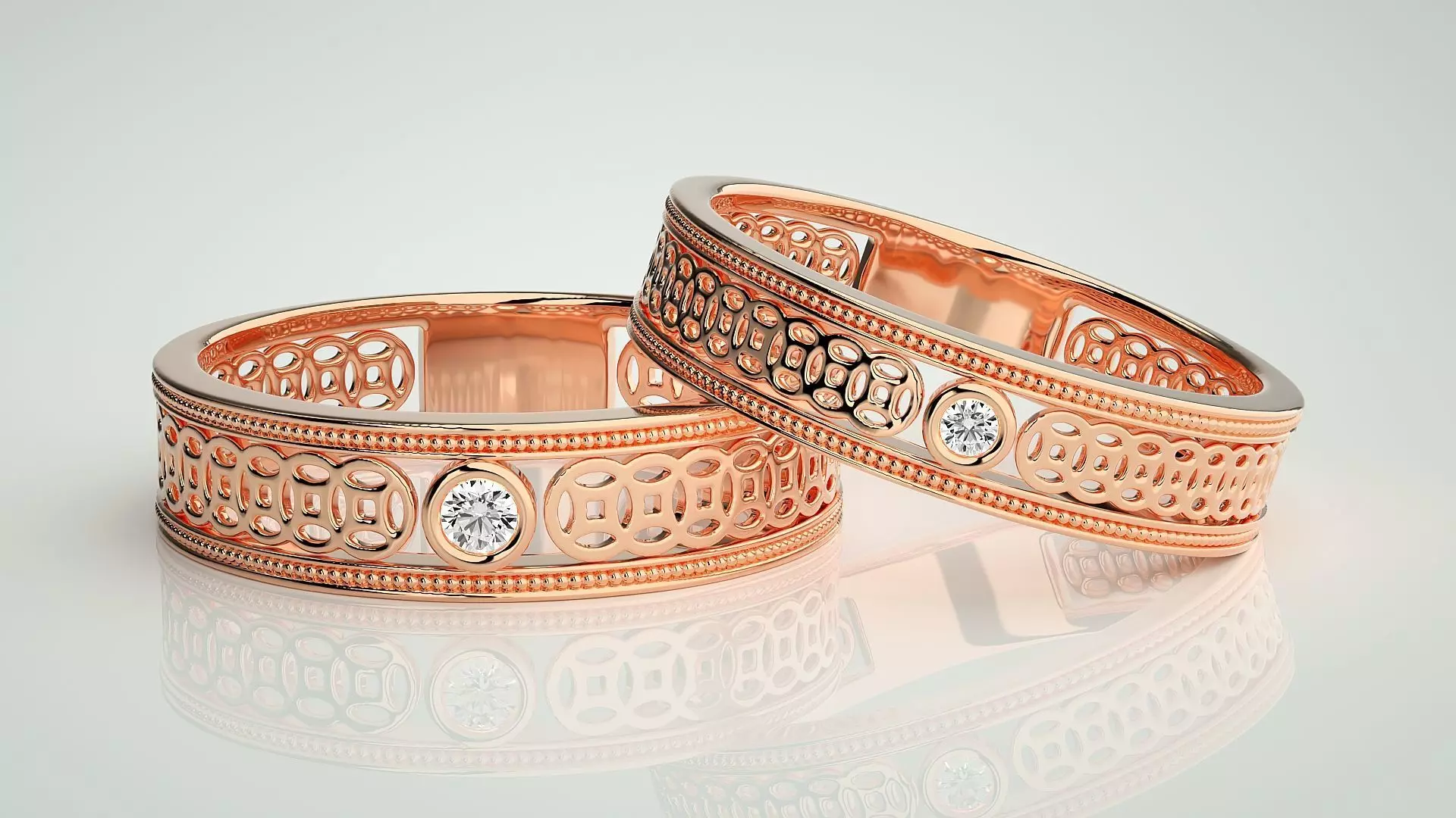 Solitaire Mesh Couple Band Ring 3dm stl render detail 3D print model_0