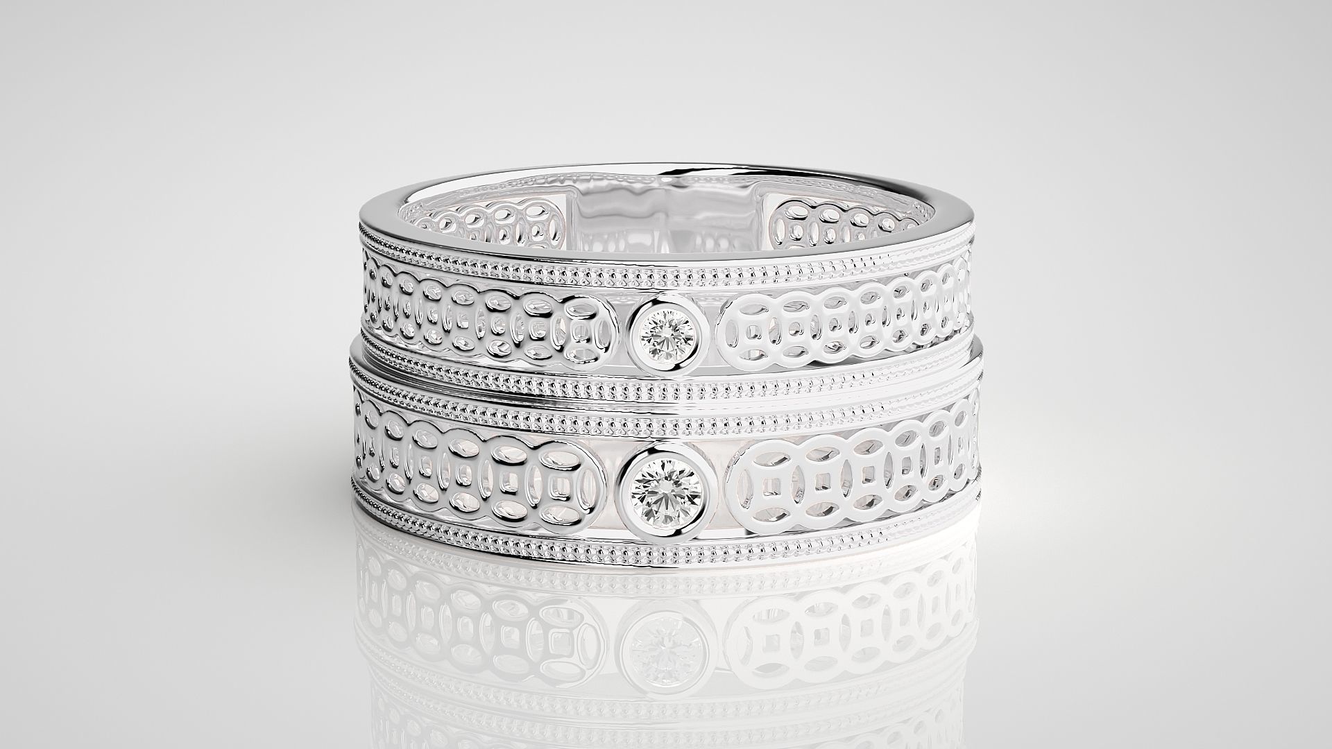 Solitaire Mesh Couple Band Ring 3dm stl render detail 3D print model_6