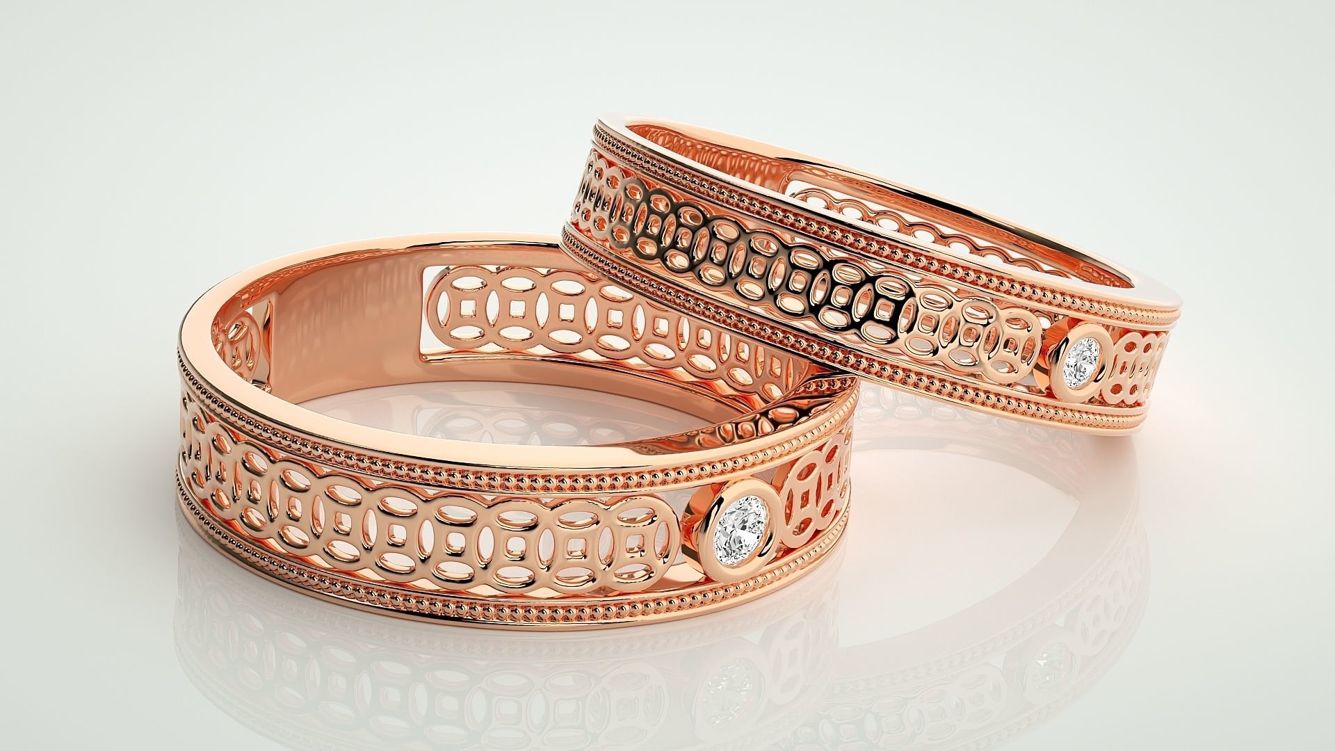 Solitaire Mesh Couple Band Ring 3dm stl render detail 3D print model_1