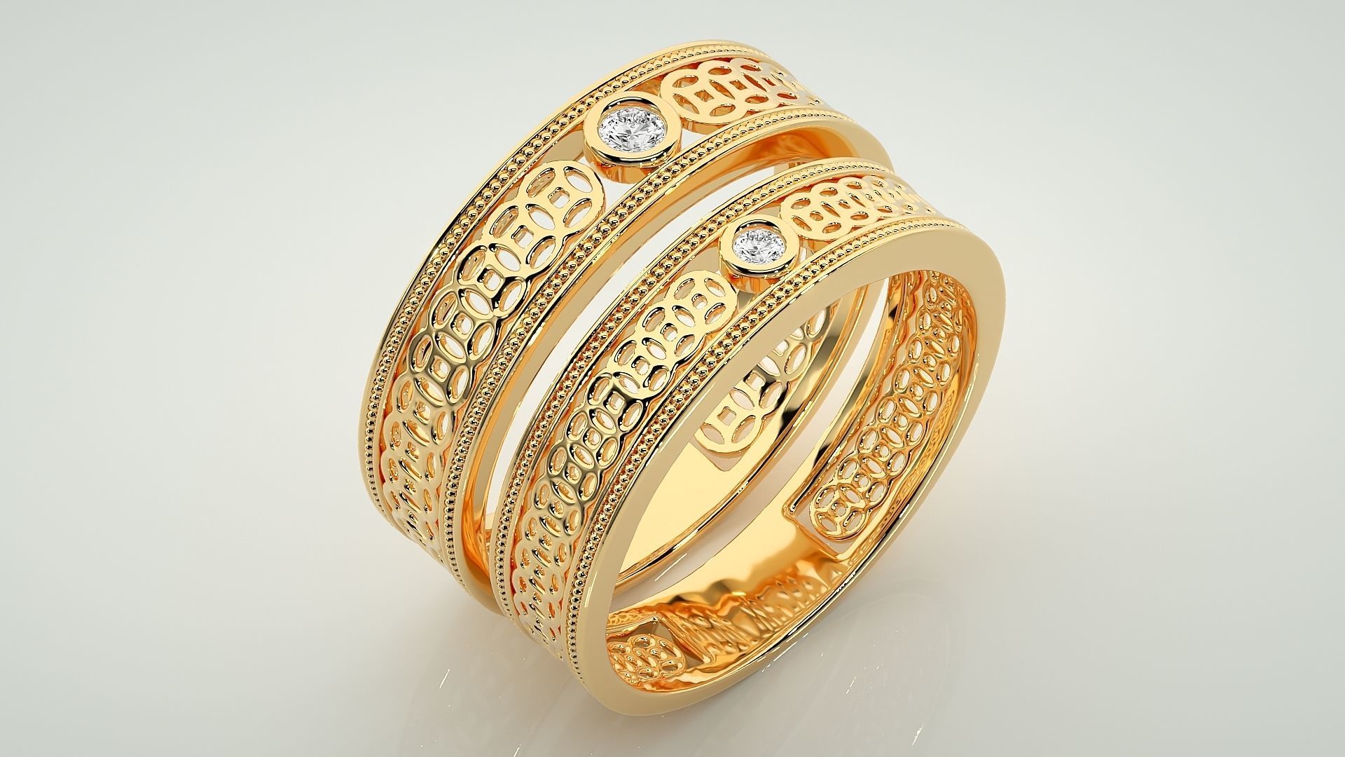 Solitaire Mesh Couple Band Ring 3dm stl render detail 3D print model_12