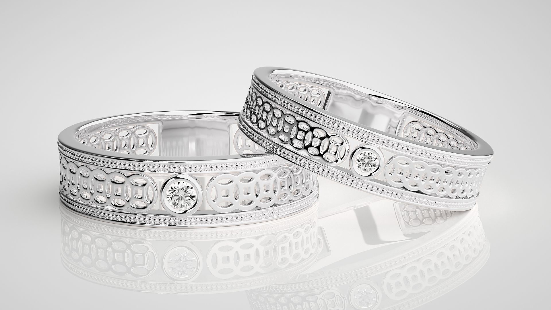 Solitaire Mesh Couple Band Ring 3dm stl render detail 3D print model_4