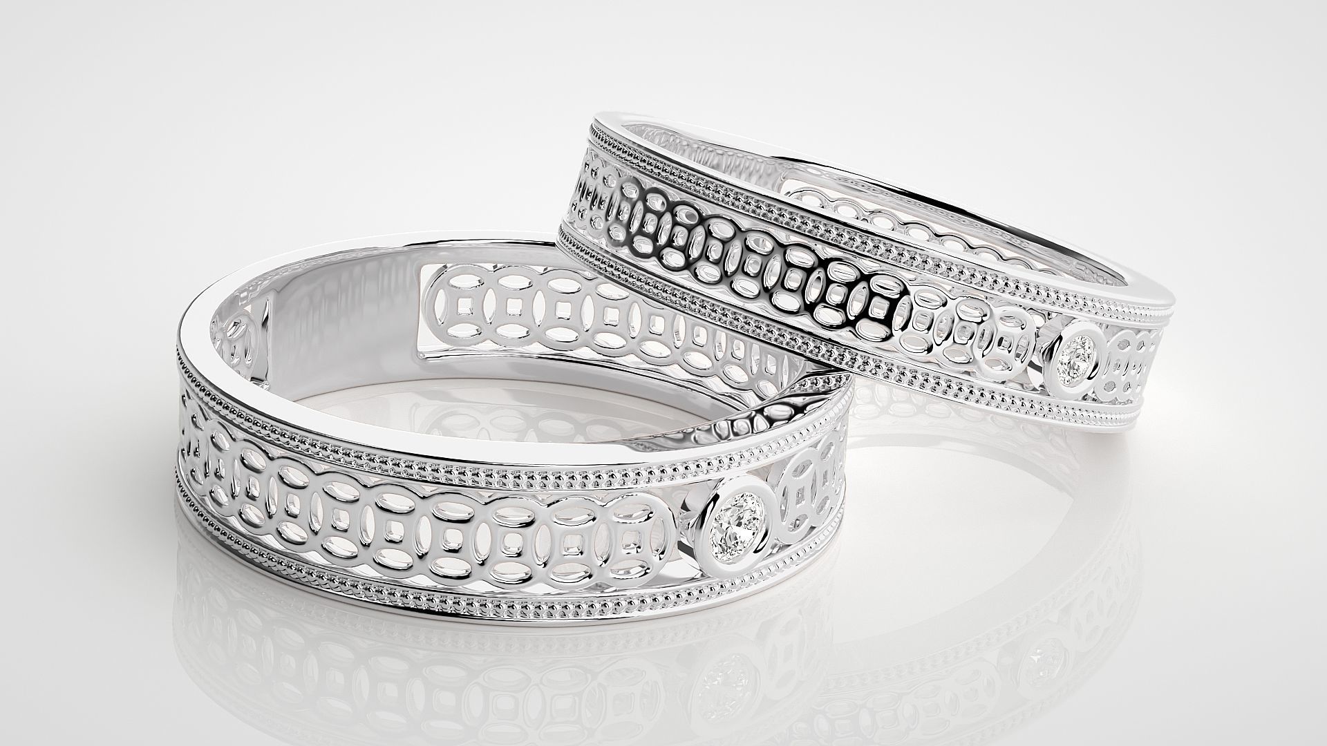 Solitaire Mesh Couple Band Ring 3dm stl render detail 3D print model_5