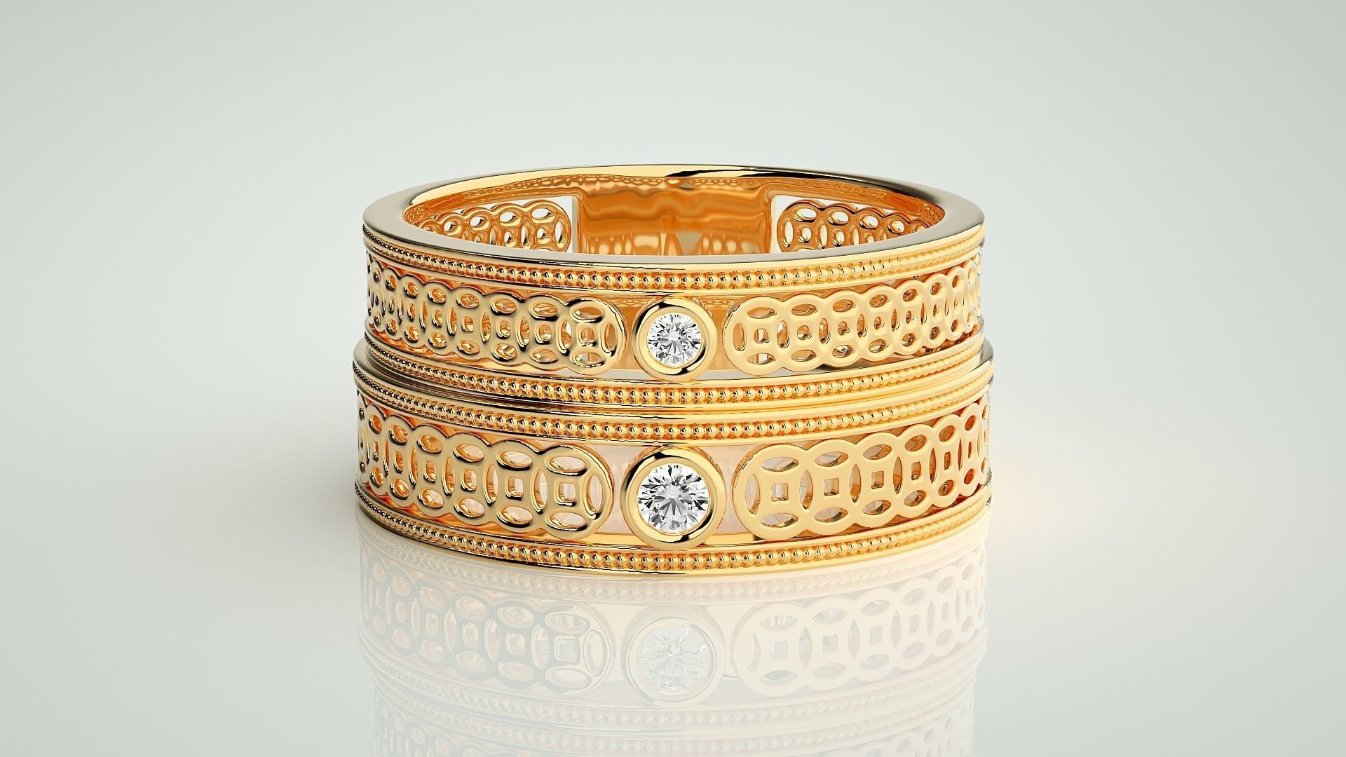 Solitaire Mesh Couple Band Ring 3dm stl render detail 3D print model_11