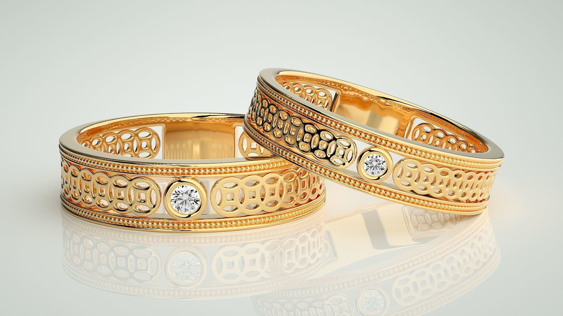 Solitaire Mesh Couple Band Ring 3dm stl render detail 3D print model_9