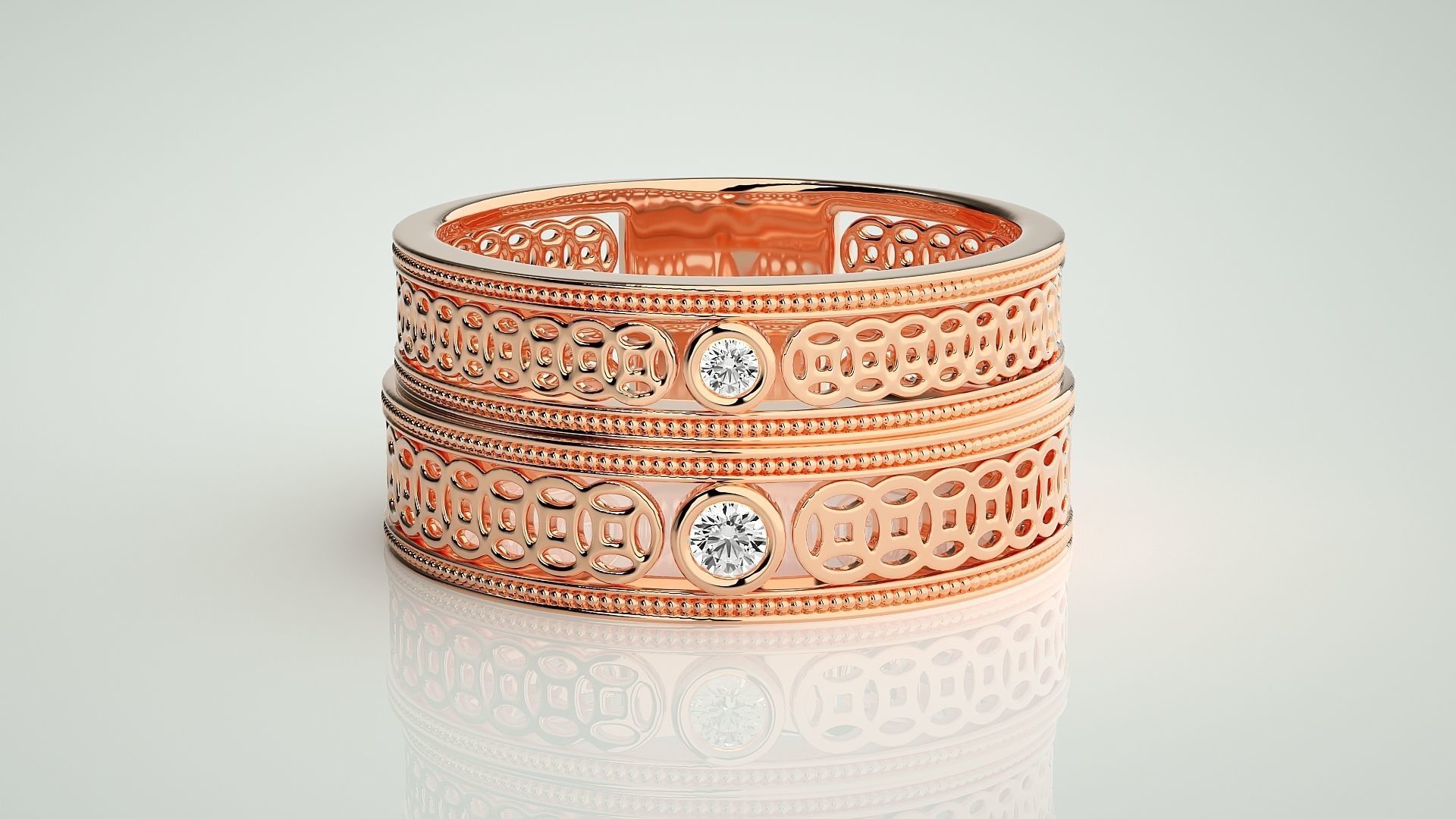 Solitaire Mesh Couple Band Ring 3dm stl render detail 3D print model_2