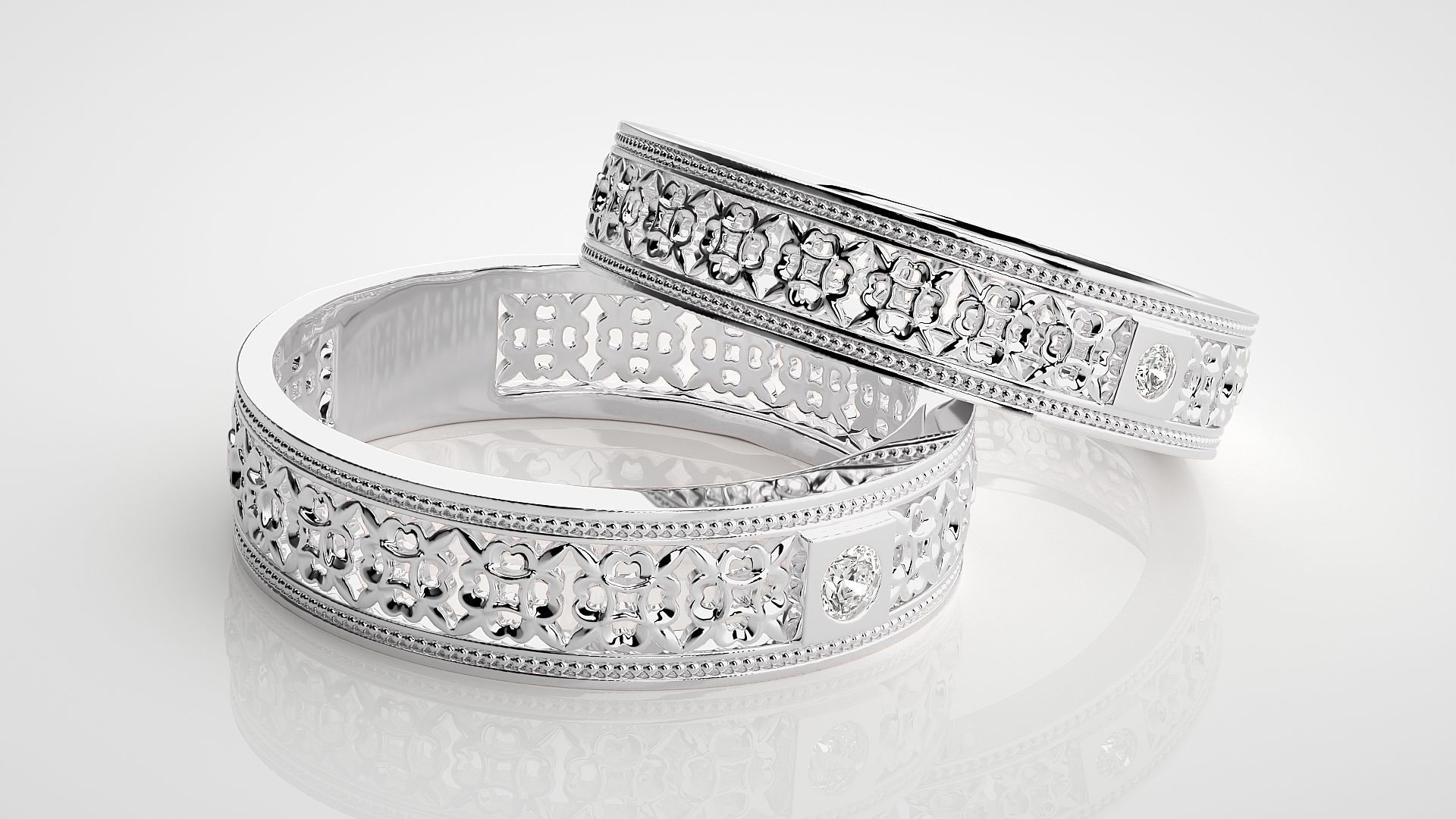Mesh Solitaire Theme Couple Band Ring 3dm stl render detail 3D print model_6