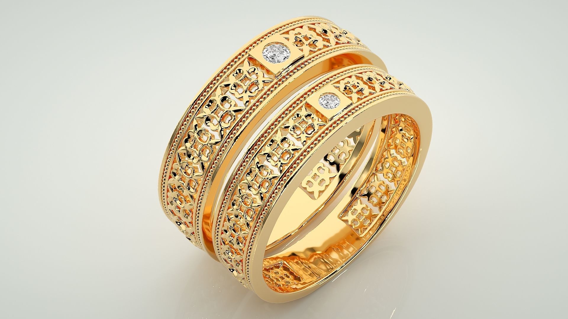 Mesh Solitaire Theme Couple Band Ring 3dm stl render detail 3D print model_12