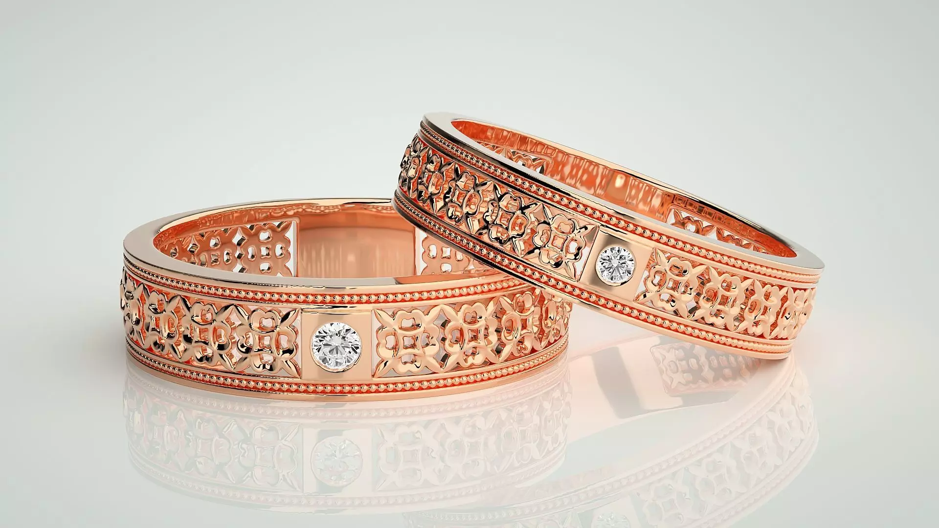 Mesh Solitaire Theme Couple Band Ring 3dm stl render detail 3D print model_0
