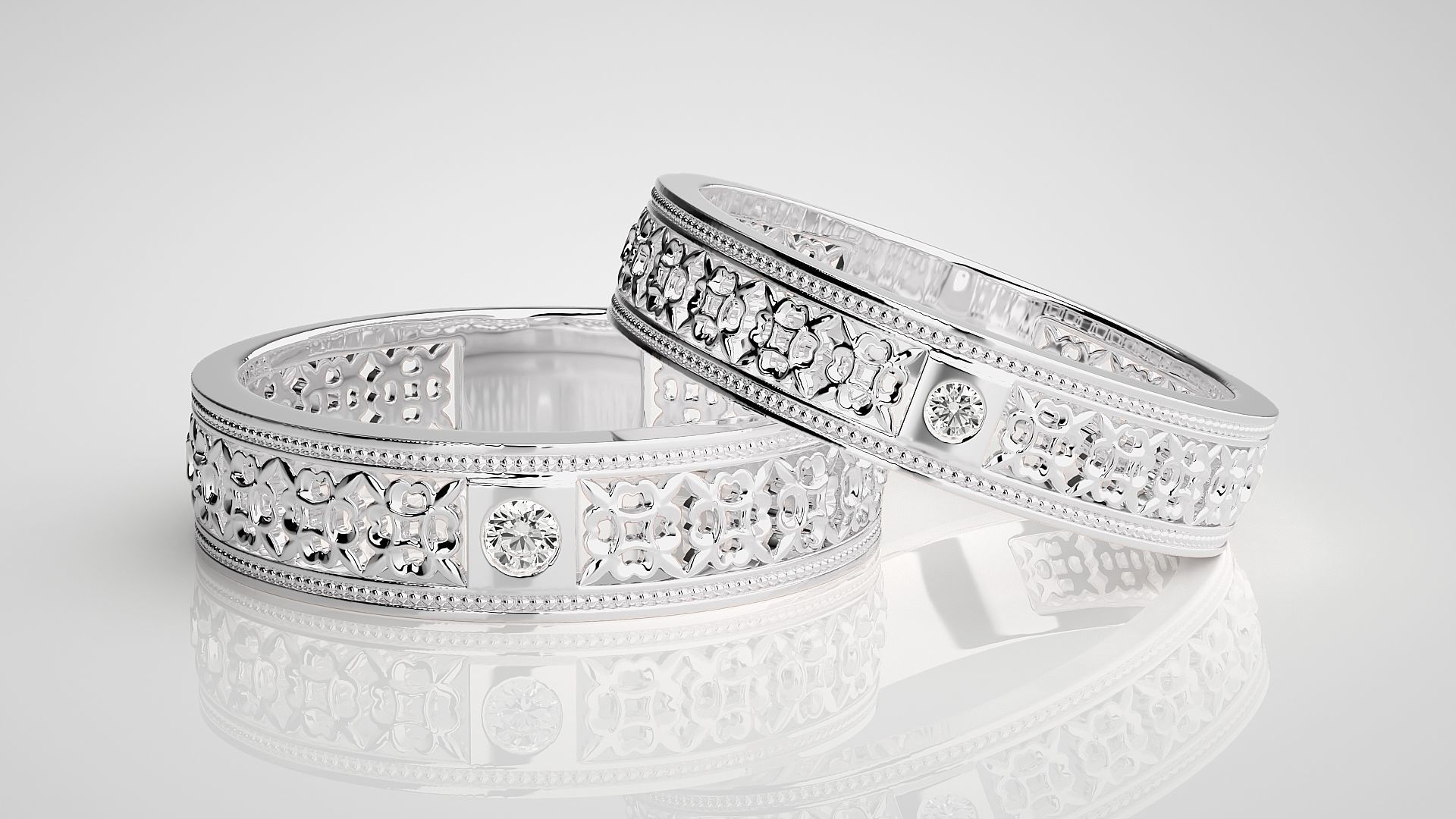 Mesh Solitaire Theme Couple Band Ring 3dm stl render detail 3D print model_4