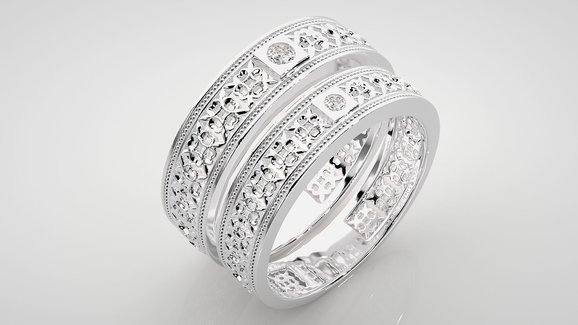 Mesh Solitaire Theme Couple Band Ring 3dm stl render detail 3D print model_8